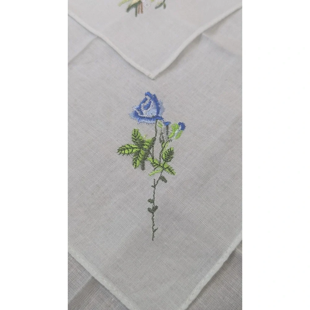 Hand Embroidered White Cotton Handkerchief Blue Flowers - Set Of 4 -